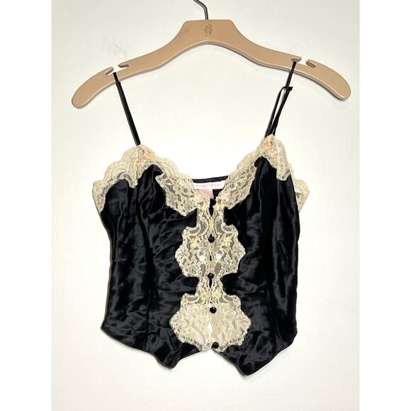 Victoria's Secret Black 100% Silk Floral Lace Button Front Cami Lingerie Sexy S - Picture 1 of 6